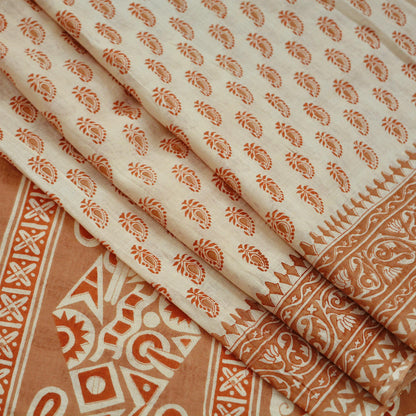 Indian Vintage Sari Brown & Ivory Printed Pure Cotton Sarees 5Yd Craft Fabric Soft Sewing Sarong Wrap Boho Upcycle quilting Dress making