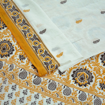 Indian Vintage Sari White & Mustard Printed Pure Cotton Sarees Craft Fabric 5Yd Soft Sewing Sarong Wrap Boho Floral Quilting Dress making