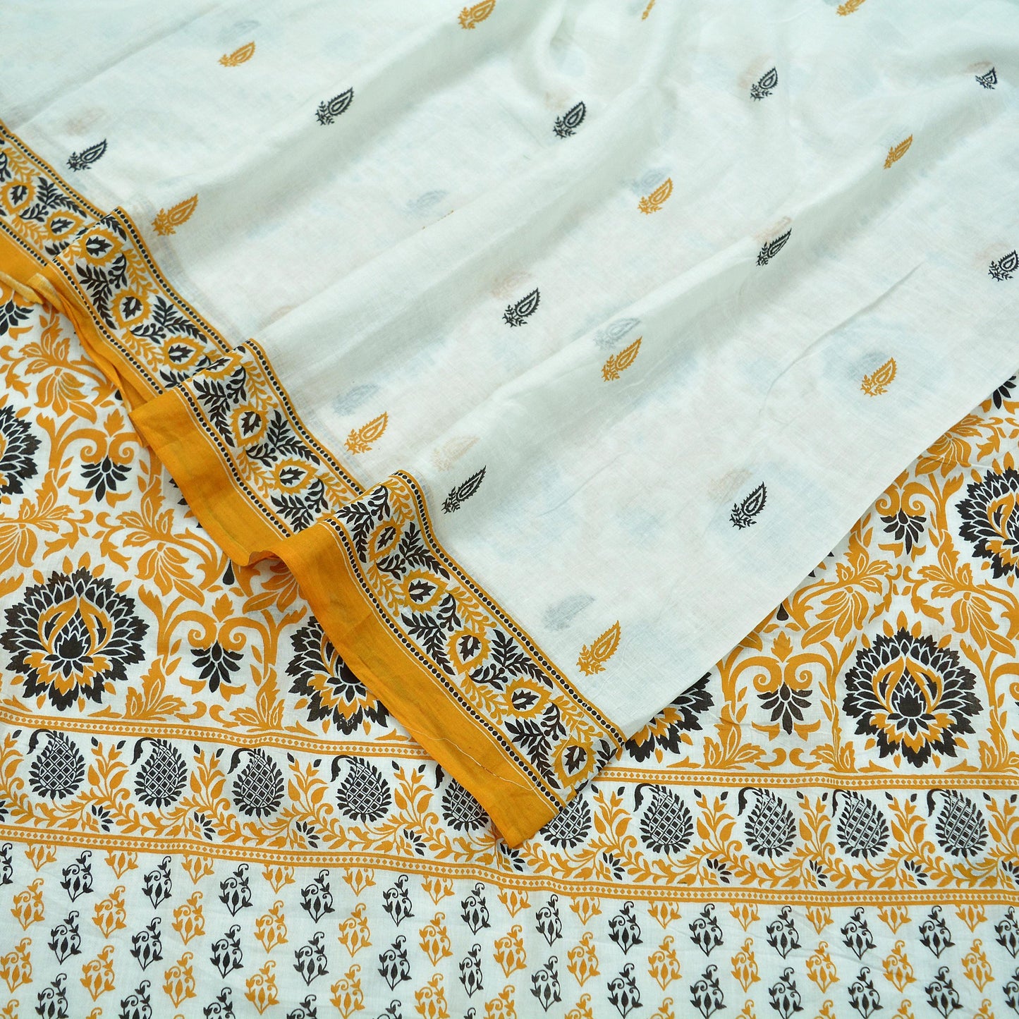 Indian Vintage Sari White & Mustard Printed Pure Cotton Sarees Craft Fabric 5Yd Soft Sewing Sarong Wrap Boho Floral Quilting Dress making