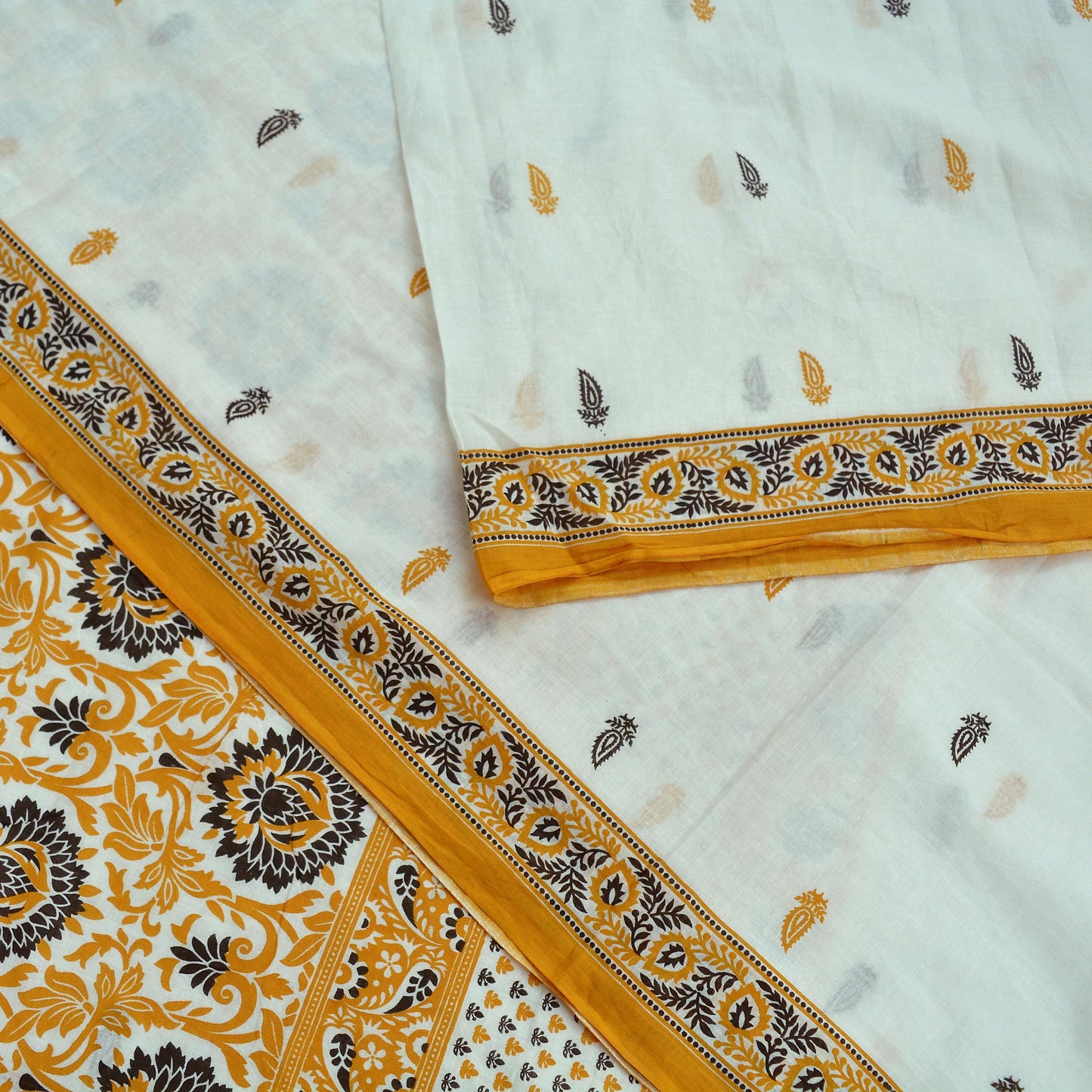 Indian Vintage Sari White & Mustard Printed Pure Cotton Sarees Craft Fabric 5Yd Soft Sewing Sarong Wrap Boho Floral Quilting Dress making