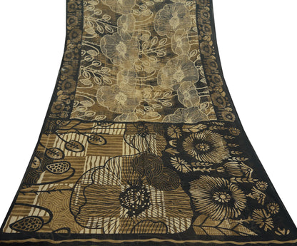 Indian Vintage Sari Beige & Black Printed Pure Cotton Sarees Fabric Floral 5Yd Sarong Wrap Boho Fabric Kimono Soft Dress making Crafting