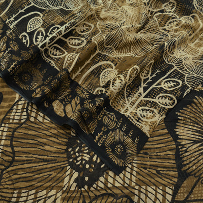 Indian Vintage Sari Beige & Black Printed Pure Cotton Sarees Fabric Floral 5Yd Sarong Wrap Boho Fabric Kimono Soft Dress making Crafting