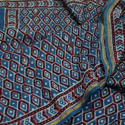 Indian Vintage Sari Blue Pure chanderi Silk Bagru Printed Saree 5Yd Fabric Floral Soft Zari Border Ethnic Upcycle Crafting Dress making
