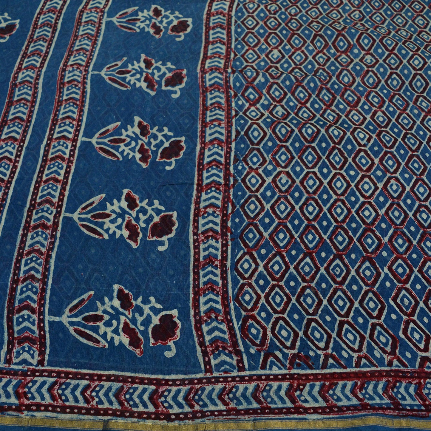 Indian Vintage Sari Blue Pure chanderi Silk Bagru Printed Saree 5Yd Fabric Floral Soft Zari Border Ethnic Upcycle Crafting Dress making