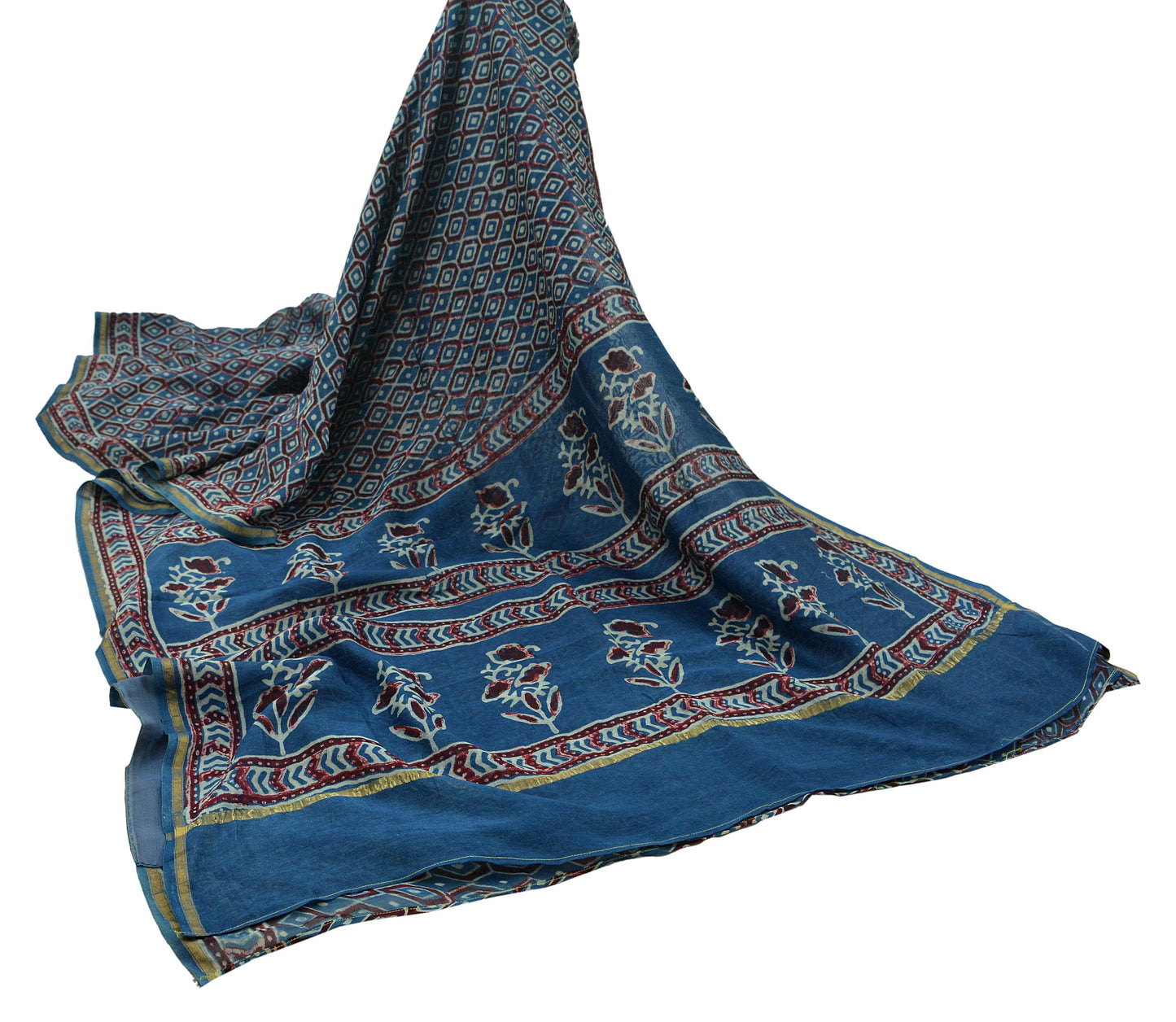 Indian Vintage Sari Blue Pure chanderi Silk Bagru Printed Saree 5Yd Fabric Floral Soft Zari Border Ethnic Upcycle Crafting Dress making