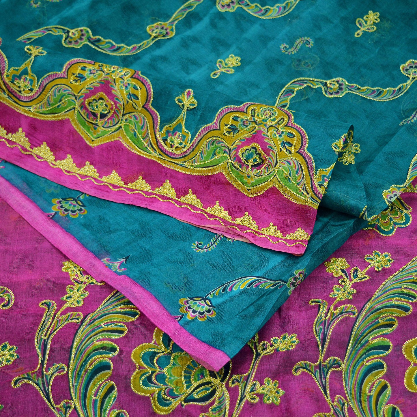 Indian Vintage Sari 100% Pure Silk Green & Pink Hand Beaded Zari Sarees Ethnic Floral 6yd Sequins Dress making Crafting Quilting