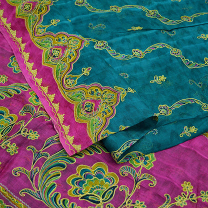 Indian Vintage Sari 100% Pure Silk Green & Pink Hand Beaded Zari Sarees Ethnic Floral 6yd Sequins Dress making Crafting Quilting