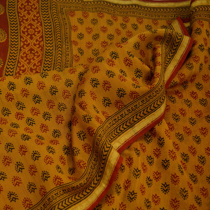 Indian Vintage Sari Mustard Pure chanderi Silk Block Printed Sarees Craft Fabric 5Yd Zari Border Floral Dress making bollywood silk sarees