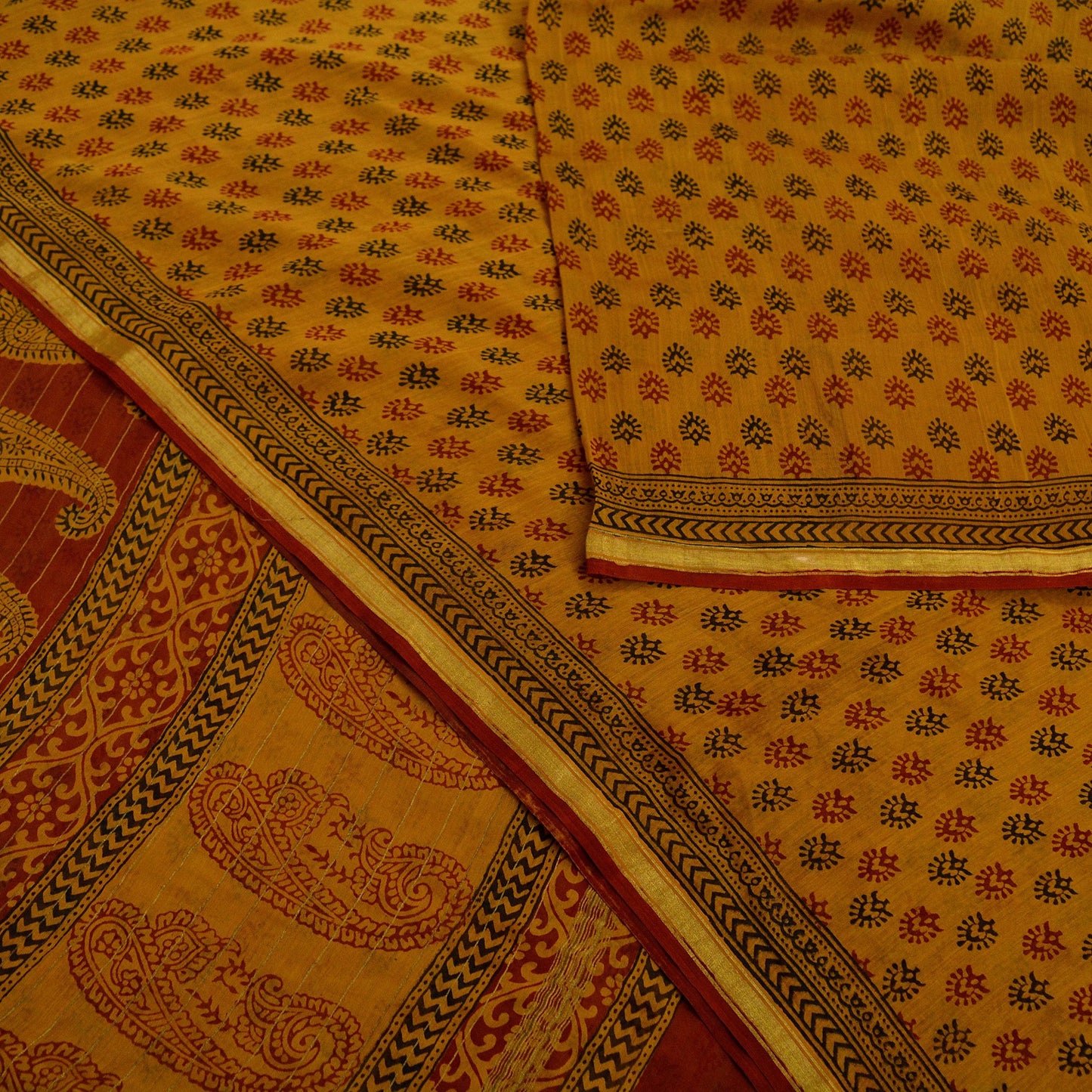 Indian Vintage Sari Mustard Pure chanderi Silk Block Printed Sarees Craft Fabric 5Yd Zari Border Floral Dress making bollywood silk sarees