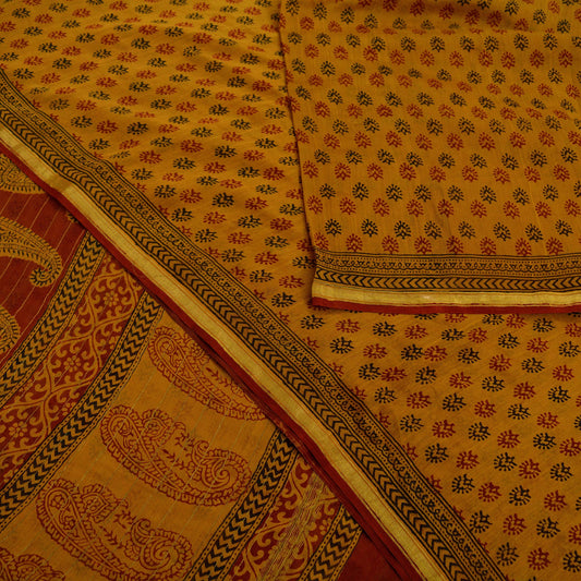 Indian Vintage Sari Mustard Pure chanderi Silk Block Printed Sarees Craft Fabric 5Yd Zari Border Floral Dress making bollywood silk sarees