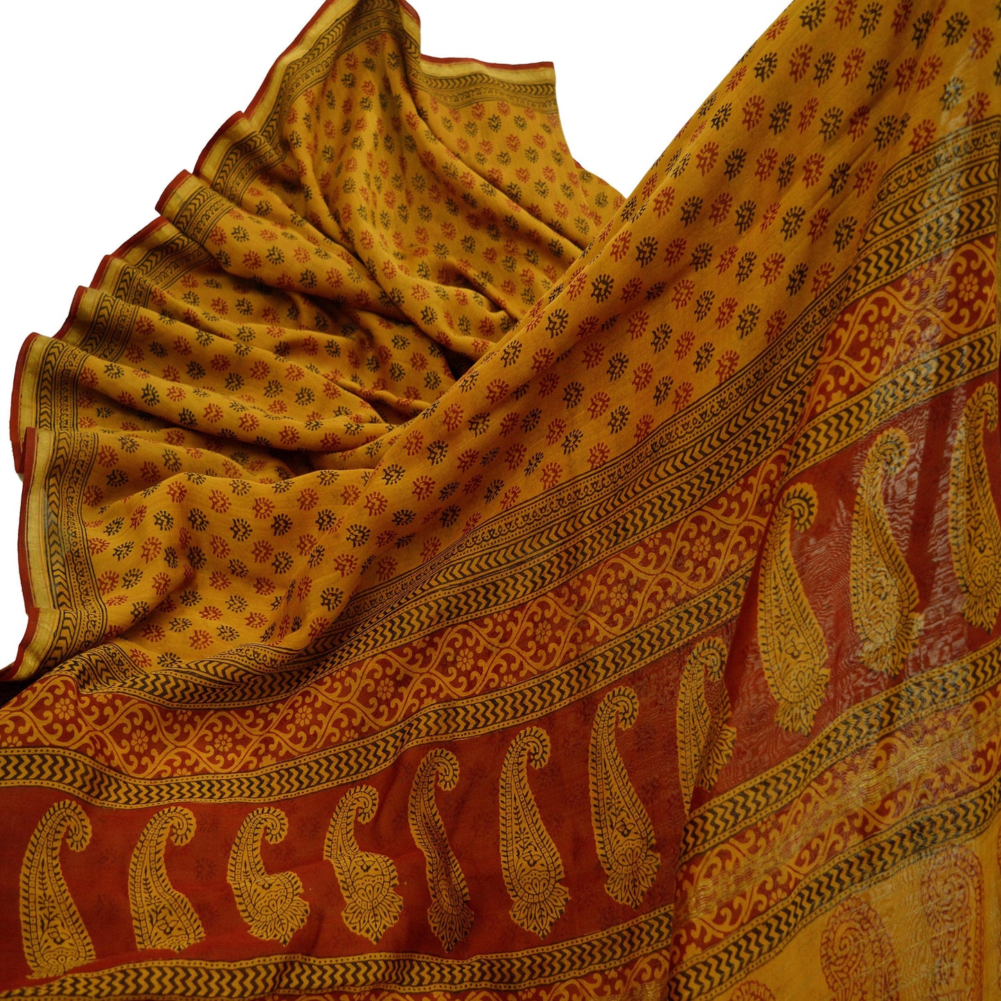 Indian Vintage Sari Mustard Pure chanderi Silk Block Printed Sarees Craft Fabric 5Yd Zari Border Floral Dress making bollywood silk sarees