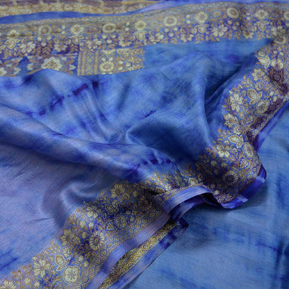 Indian Vintage Sari Blue Pure Silk Hand Woven Tie-Dye Sarees Craft Fabric 5Yd Sewing Ethnic Floral Dress making Crafting Quilting