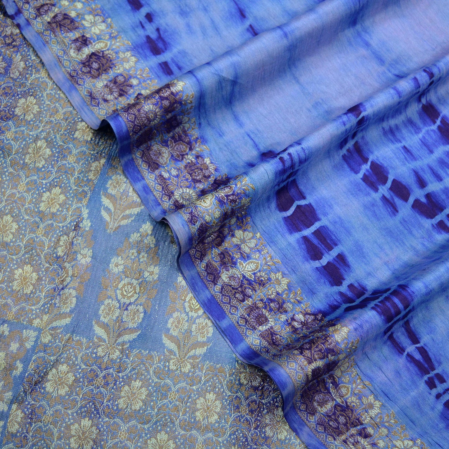 Indian Vintage Sari Blue Pure Silk Hand Woven Tie-Dye Sarees Craft Fabric 5Yd Sewing Ethnic Floral Dress making Crafting Quilting