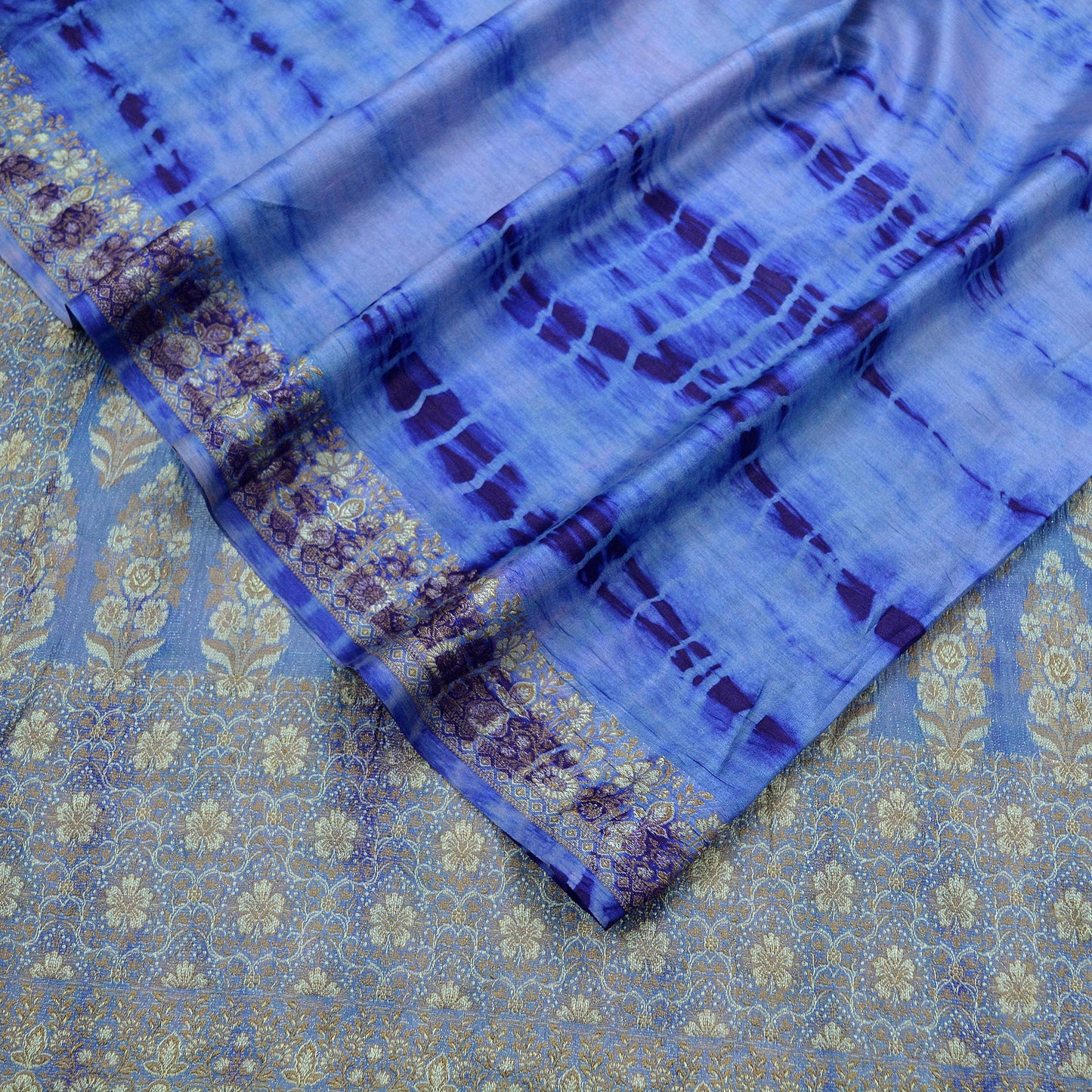 Indian Vintage Sari Blue Pure Silk Hand Woven Tie-Dye Sarees Craft Fabric 5Yd Sewing Ethnic Floral Dress making Crafting Quilting