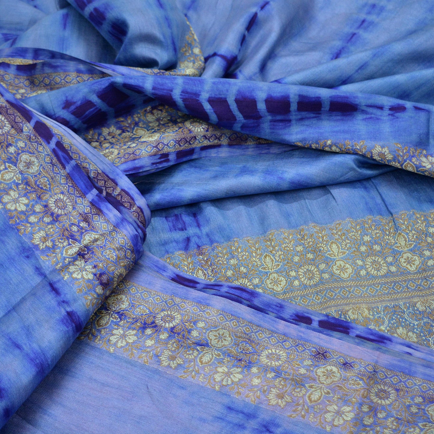 Indian Vintage Sari Blue Pure Silk Hand Woven Tie-Dye Sarees Craft Fabric 5Yd Sewing Ethnic Floral Dress making Crafting Quilting