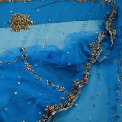 Indian Vintage Blue Saree Net/Mesh Hand Embroidered Indian Sari Fabric 6Yd Sewing Soft Silver Zardozi/Dabka Zari Sequins