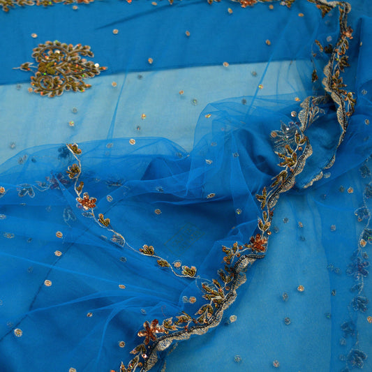 Indian Vintage Blue Saree Net/Mesh Hand Embroidered Indian Sari Fabric 6Yd Sewing Soft Silver Zardozi/Dabka Zari Sequins