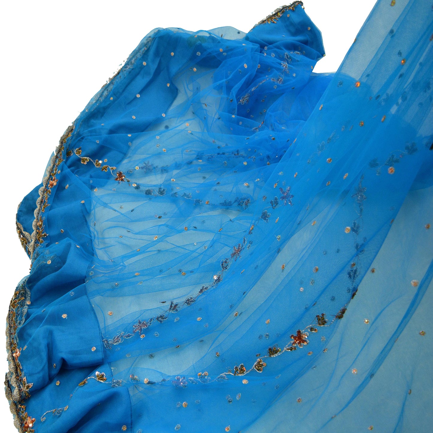 Indian Vintage Blue Saree Net/Mesh Hand Embroidered Indian Sari Fabric 6Yd Sewing Soft Silver Zardozi/Dabka Zari Sequins