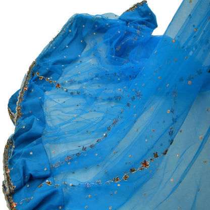 Indian Vintage Blue Saree Net/Mesh Hand Embroidered Indian Sari Fabric 6Yd Sewing Soft Silver Zardozi/Dabka Zari Sequins