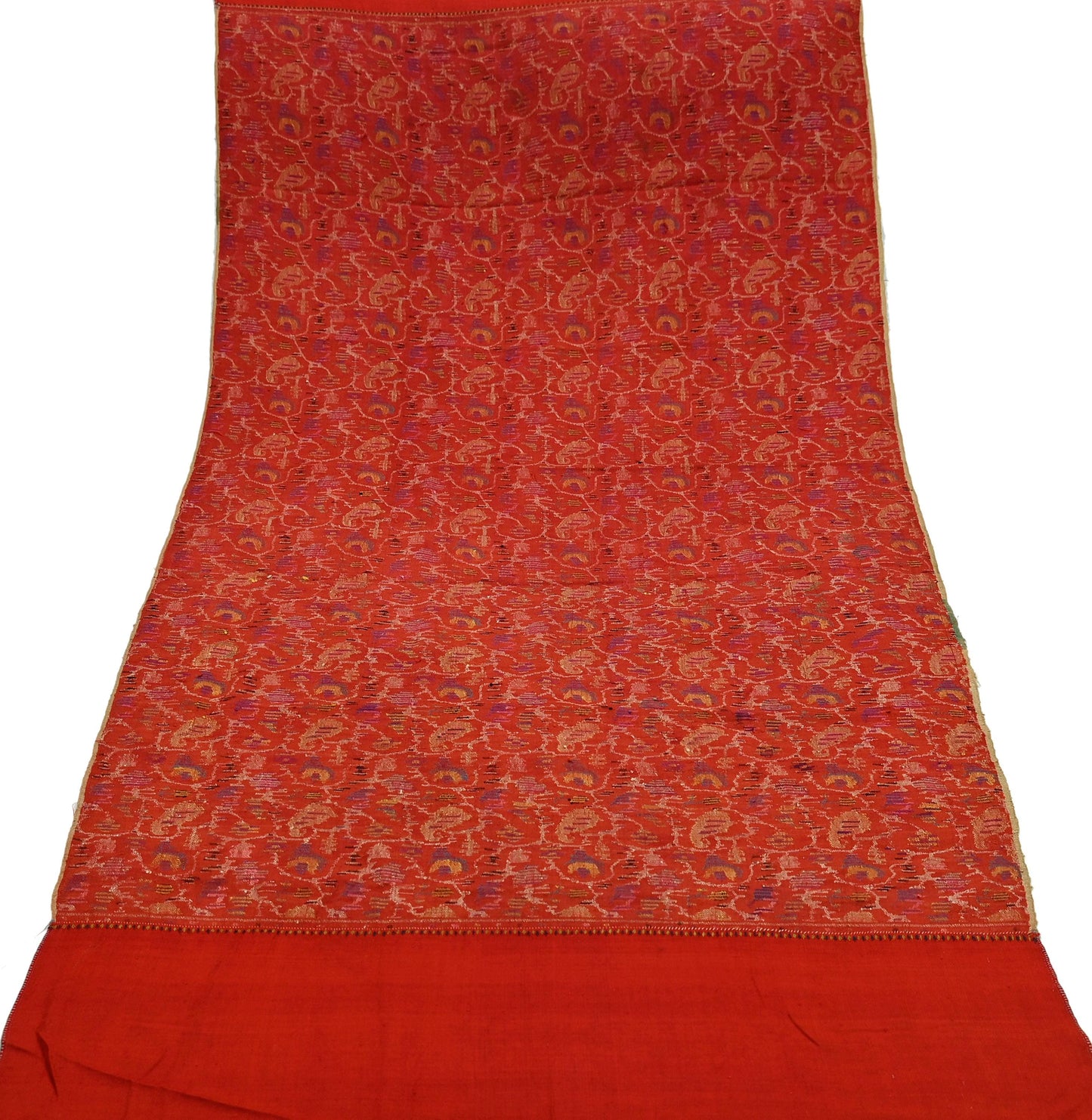 Indian Antique 64 Years old Rare Vintage Red Pure Woolen Handmade Jamawar Kani Weave work Shawl Long Throw Stole Warm Floral & Paisley