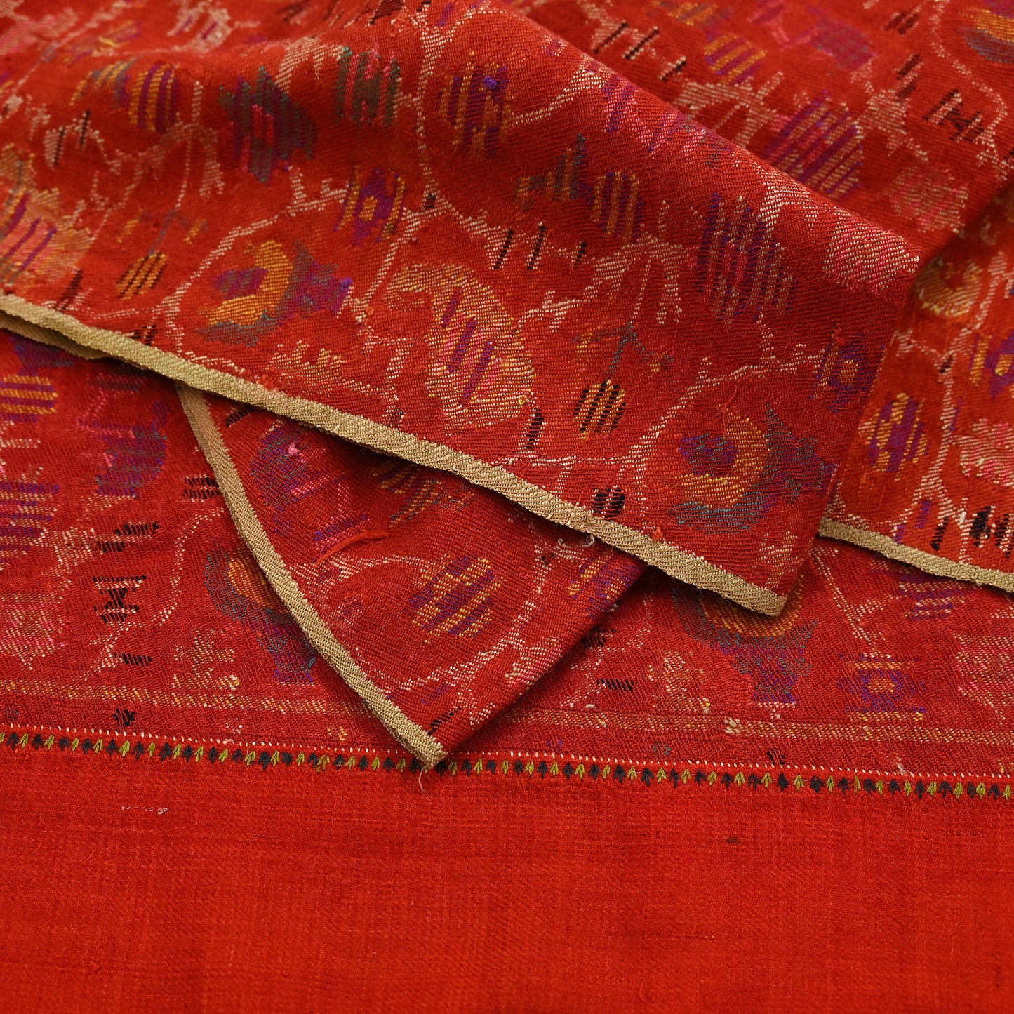 Indian Antique 64 Years old Rare Vintage Red Pure Woolen Handmade Jamawar Kani Weave work Shawl Long Throw Stole Warm Floral & Paisley