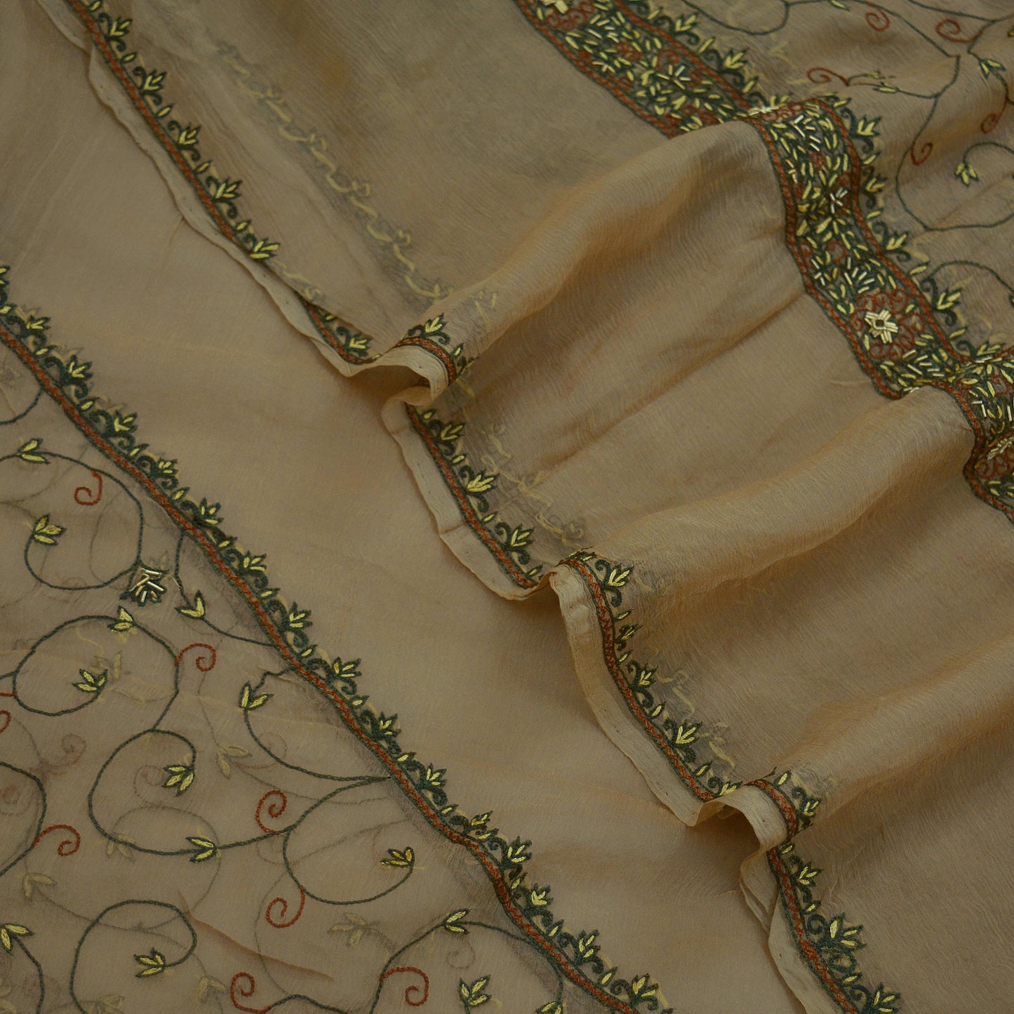 Indian Vintage Beige Dupatta Pure Chiffon silk Long Stole Hand Embroidered Scarves Floral Design Stole Veil Wrap Zardozi/ Dabka