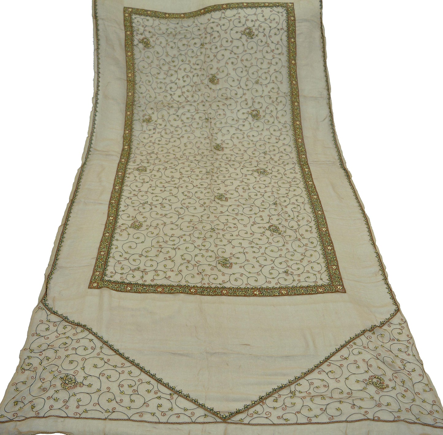 Indian Vintage Beige Dupatta Pure Chiffon silk Long Stole Hand Embroidered Scarves Floral Design Stole Veil Wrap Zardozi/ Dabka