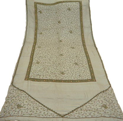 Indian Vintage Beige Dupatta Pure Chiffon silk Long Stole Hand Embroidered Scarves Floral Design Stole Veil Wrap Zardozi/ Dabka