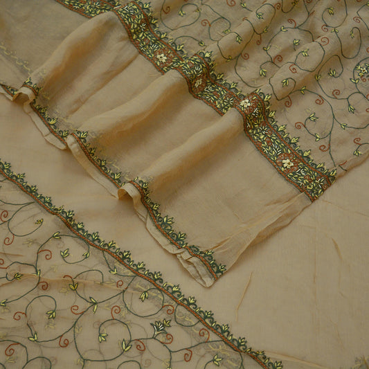 Indian Vintage Beige Dupatta Pure Chiffon silk Long Stole Hand Embroidered Scarves Floral Design Stole Veil Wrap Zardozi/ Dabka