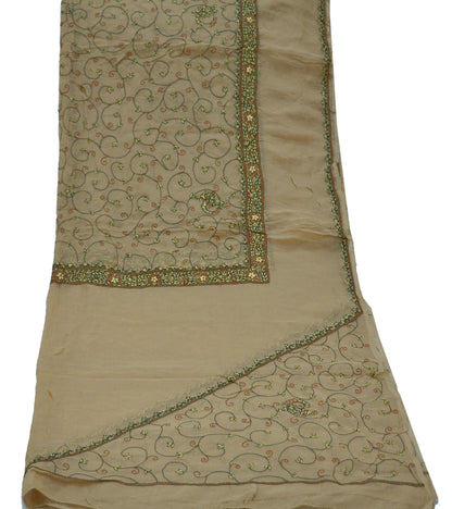 Indian Vintage Beige Dupatta Pure Chiffon silk Long Stole Hand Embroidered Scarves Floral Design Stole Veil Wrap Zardozi/ Dabka