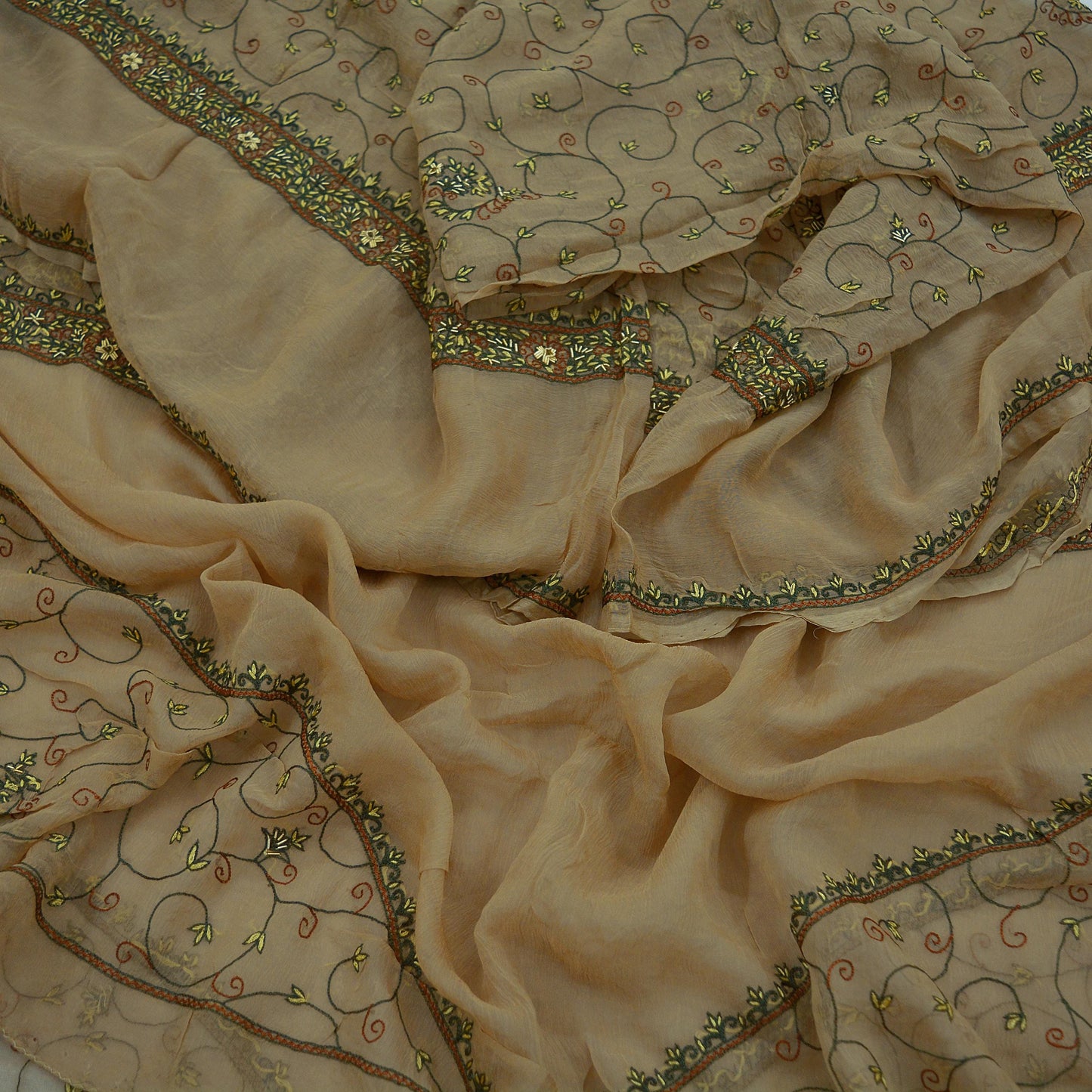 Indian Vintage Beige Dupatta Pure Chiffon silk Long Stole Hand Embroidered Scarves Floral Design Stole Veil Wrap Zardozi/ Dabka