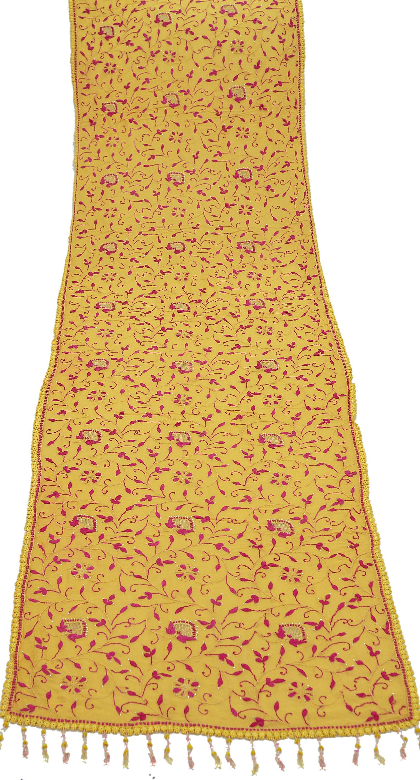 Indian Vintage Yellow Dupatta Pure Georgette silk Long Stole Hand Embroidered Mukesh work Scarves Veil Scarf