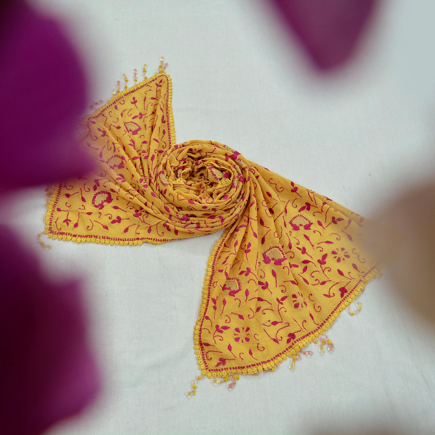 Indian Vintage Yellow Dupatta Pure Georgette silk Long Stole Hand Embroidered Mukesh work Scarves Veil Scarf