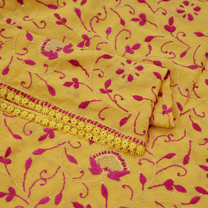 Indian Vintage Yellow Dupatta Pure Georgette silk Long Stole Hand Embroidered Mukesh work Scarves Veil Scarf