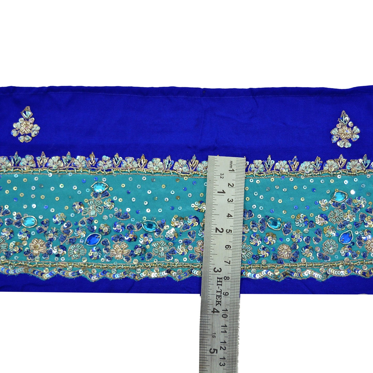 Indian Vintage Green & Blue Sari Border Hand Embroidered Craft Trim Lace Sewing Sari Ribbon Pure Crepe silk  Zardozi/Dabka Zari