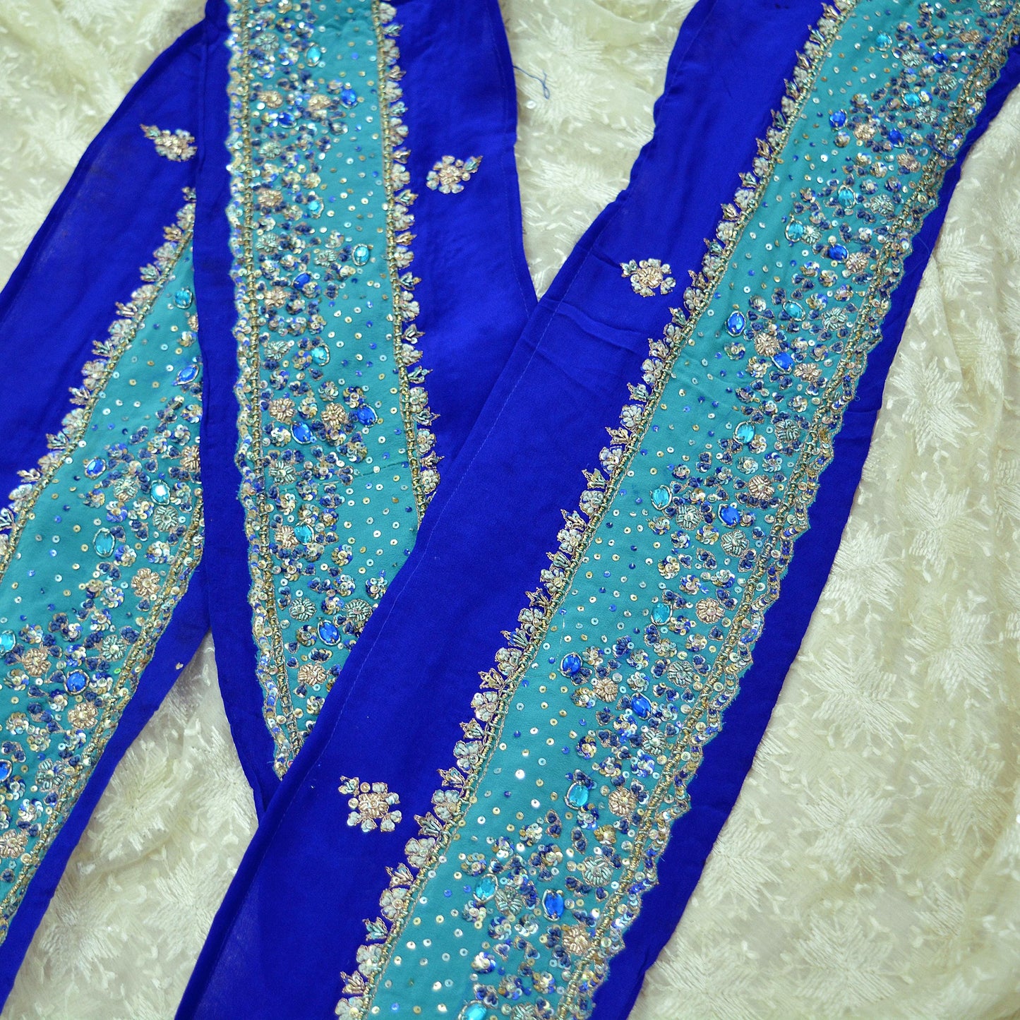 Indian Vintage Green & Blue Sari Border Hand Embroidered Craft Trim Lace Sewing Sari Ribbon Pure Crepe silk  Zardozi/Dabka Zari