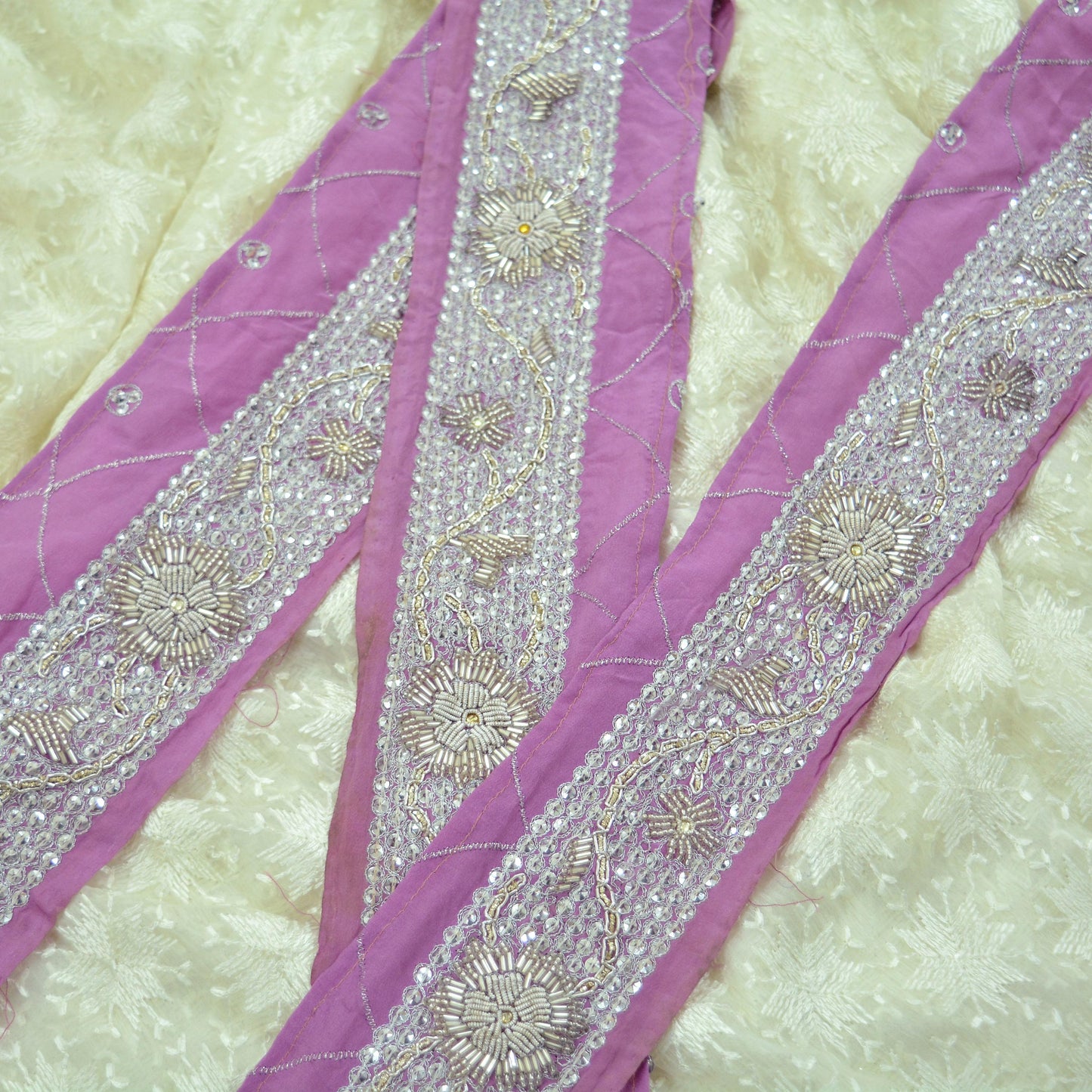 Indian Vintage Pink Sari Border Hand Embroidered 1yd Craft Trim Lace Sewing Sari Ribbon Pure Crepe silk  Zardozi/Dabka Zari