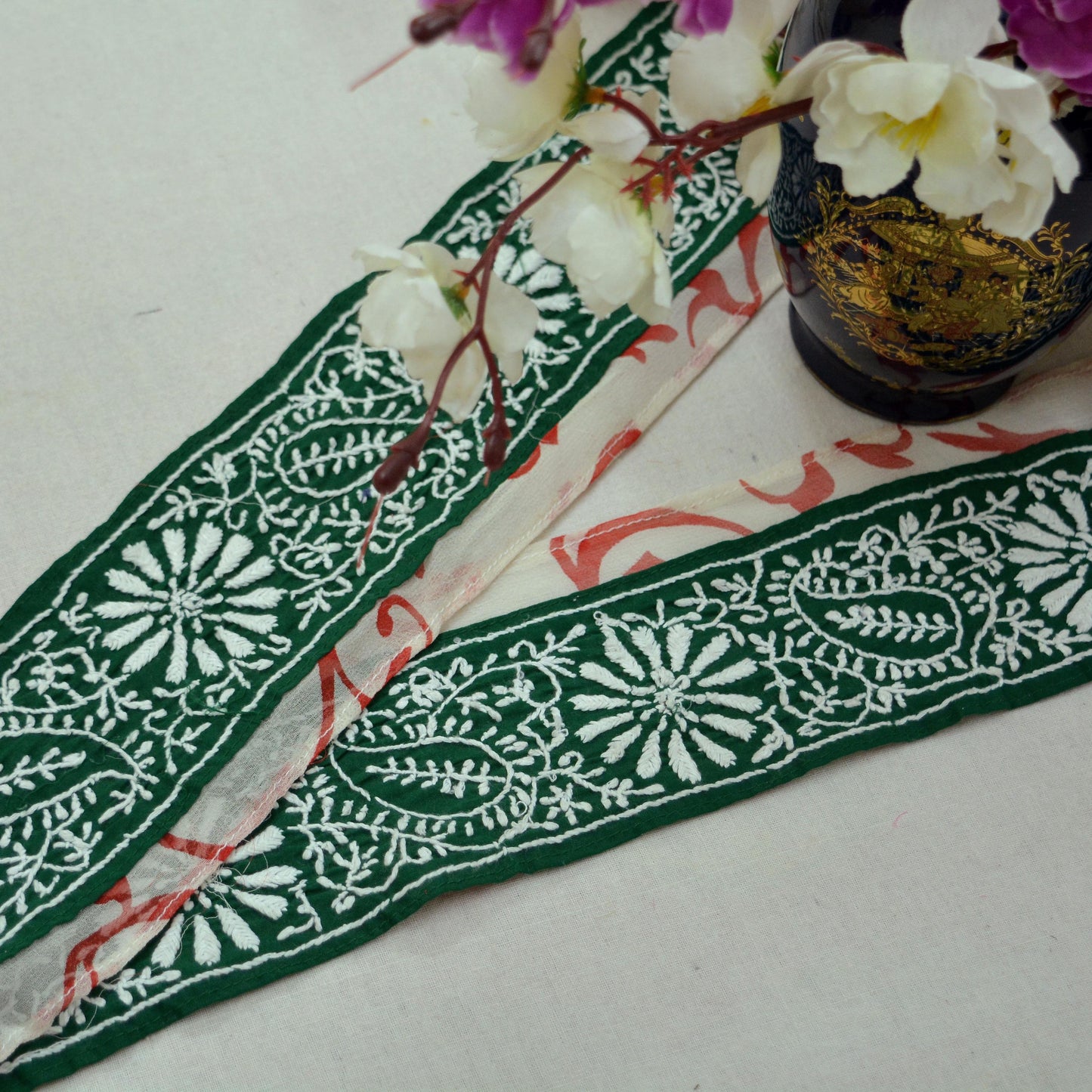 Indian Vintage Green Sari Border Hand Embroidered Chikankari Craft Trim Lace Sewing Pure Cotton Ribbon Recycled Dress Making Quilting