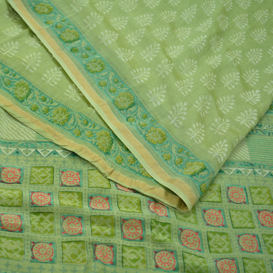 Indian Vintage Sari Green Pure chanderi Silk Block Printed Sarees Fabric 6Yd Soft Zari Border Peacock Dress making bollywood sarees