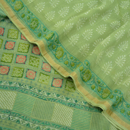 Indian Vintage Sari Green Pure chanderi Silk Block Printed Sarees Fabric 6Yd Soft Zari Border Peacock Dress making bollywood sarees