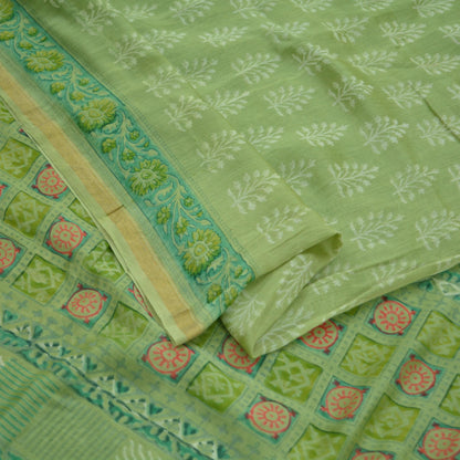 Indian Vintage Sari Green Pure chanderi Silk Block Printed Sarees Fabric 6Yd Soft Zari Border Peacock Dress making bollywood sarees