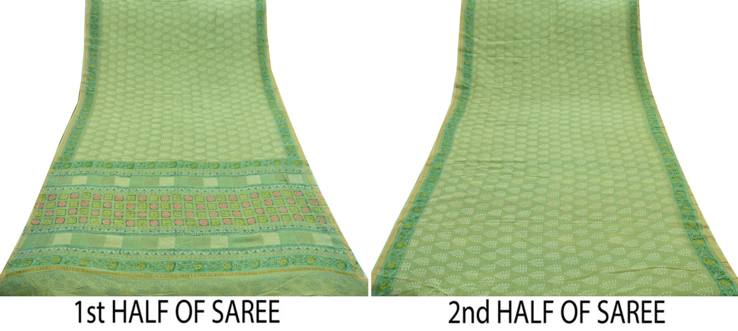 Indian Vintage Sari Green Pure chanderi Silk Block Printed Sarees Fabric 6Yd Soft Zari Border Peacock Dress making bollywood sarees