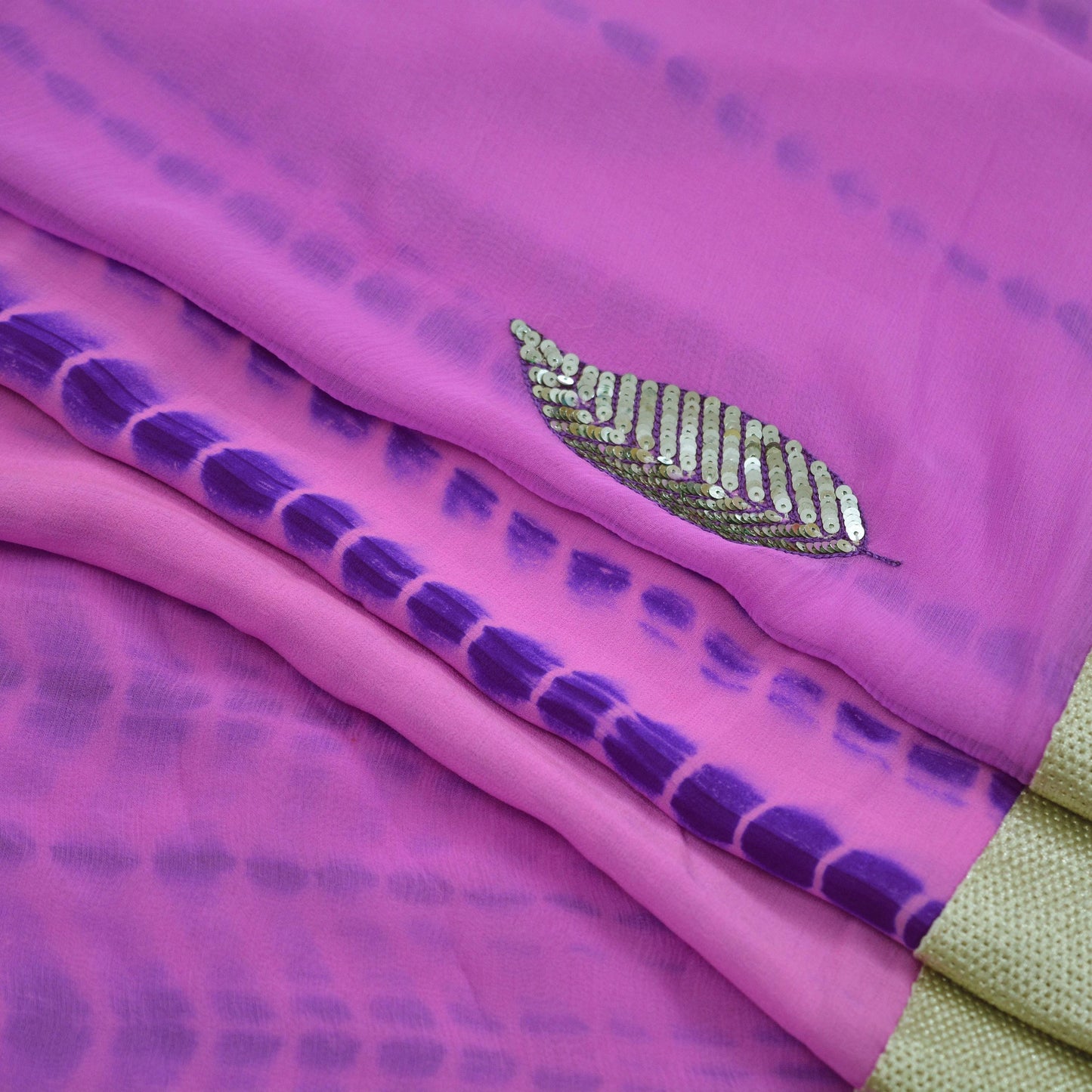 Indian Vintage Purple & Pink Sarees Pure Georgette Silk Hand Embroidered Leheria Sari Craft Fabric 5Yd Sewing Soft Dress Making Sequins