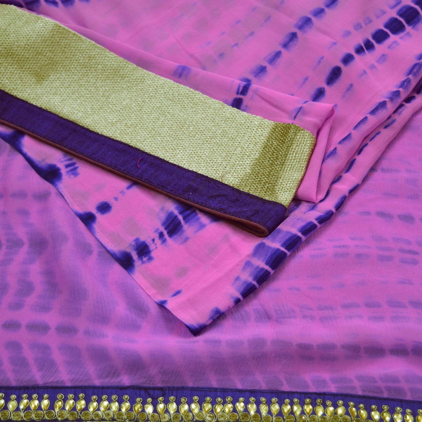 Indian Vintage Purple & Pink Sarees Pure Georgette Silk Hand Embroidered Leheria Sari Craft Fabric 5Yd Sewing Soft Dress Making Sequins