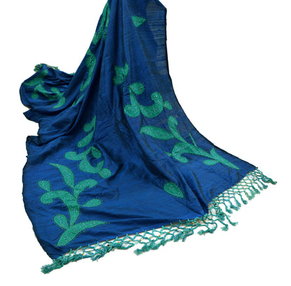 Indian Vintage Blue Dupatta Long Stole Pure Silk Hand Embroidered Scarves Veil Scarf Wrap Hippie Boho Zardozi/ Dabka