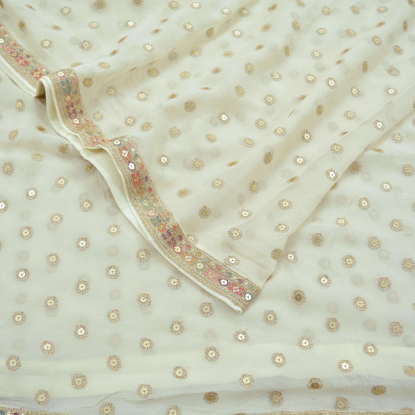 Indian Vintage Ivory Dupatta Pure Georgette silk Long Stole Hand Embroidered Scarves Stole Veil Wrap Sequins