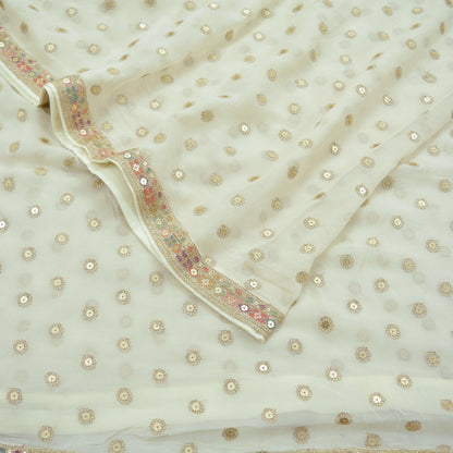 Indian Vintage Ivory Dupatta Pure Georgette silk Long Stole Hand Embroidered Scarves Stole Veil Wrap Sequins