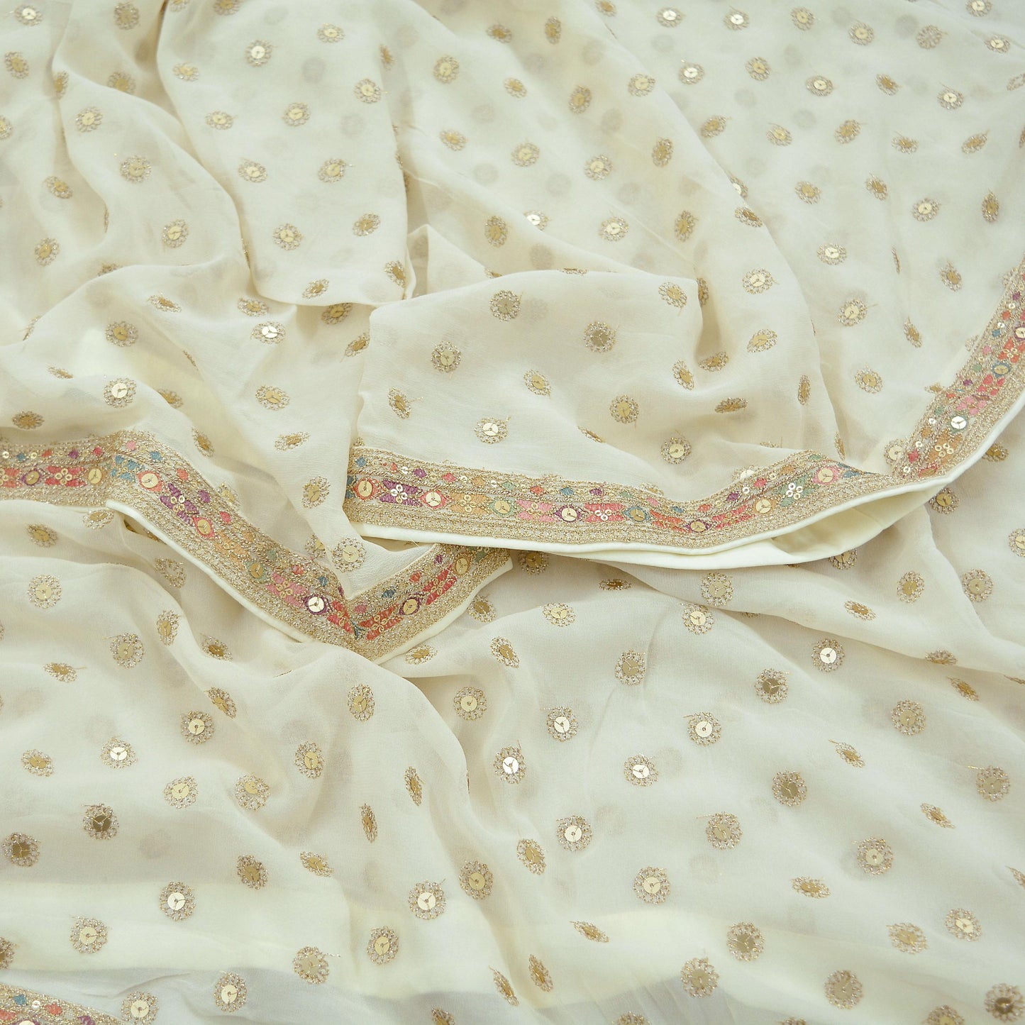 Indian Vintage Ivory Dupatta Pure Georgette silk Long Stole Hand Embroidered Scarves Stole Veil Wrap Sequins