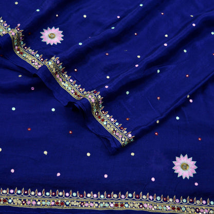 Indian Vintage Blue Dupatta Pure silk Long Stole Hand Embroidered Scarves Floral Stole Veil Wrap