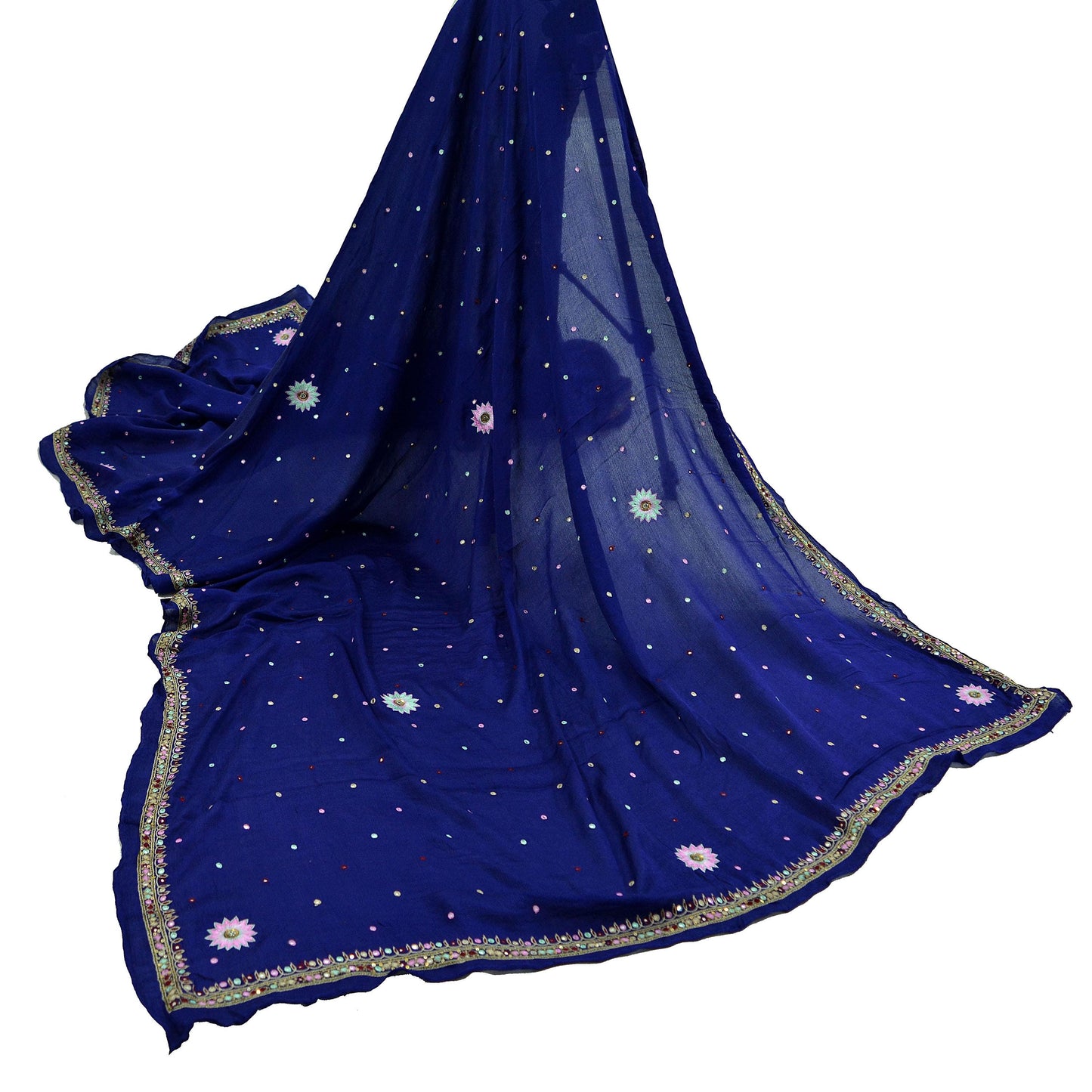 Indian Vintage Blue Dupatta Pure silk Long Stole Hand Embroidered Scarves Floral Stole Veil Wrap